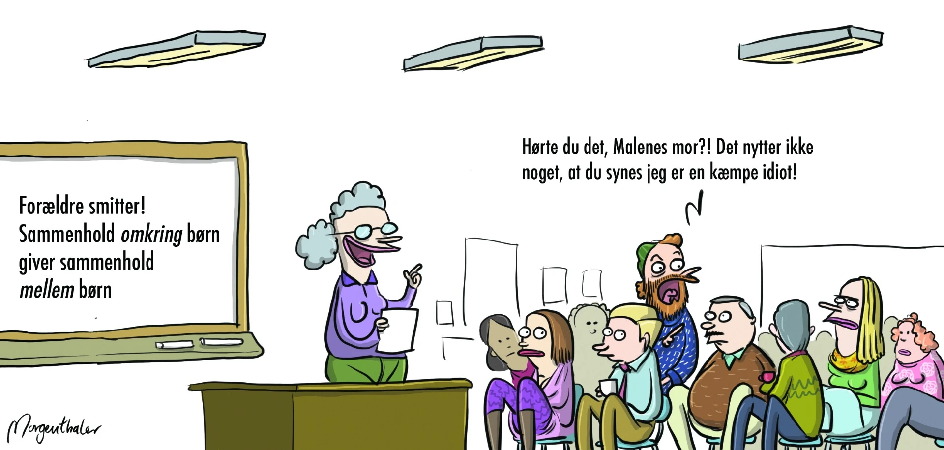 Forældre smitter. Illustration til forældrefiduser.dk af Morgenthaler