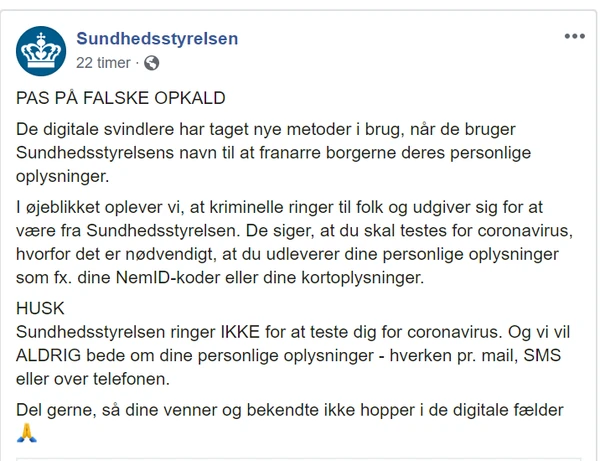 Sundhedsstyrelsens opslag på Facebook