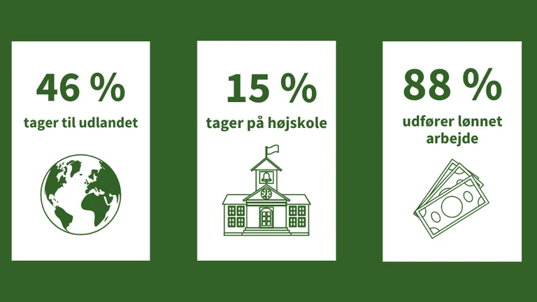 Grafik der viser tal for, hvordan unger bruger deres sabbatår. 46 % tager til udlandet, 15 % tager på højskole og 88 % udfører lønnet arbejde.