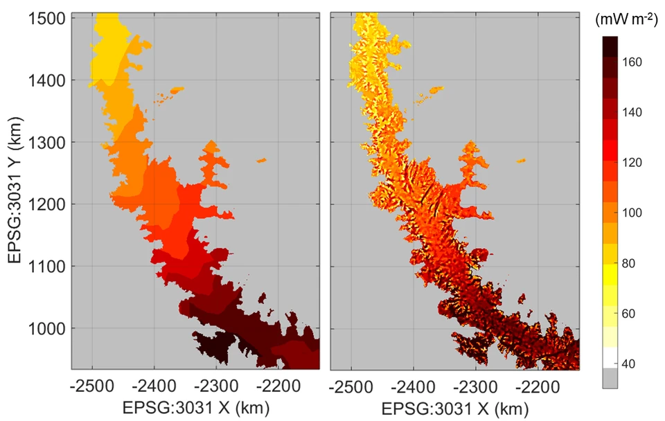 Left: An existing regional geothermal heat flow model. Right: Regional geothermal heat flow corrected for local topographic relief.
