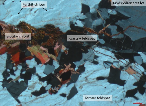 Tre ternære feldspatkorn med perthit-striber