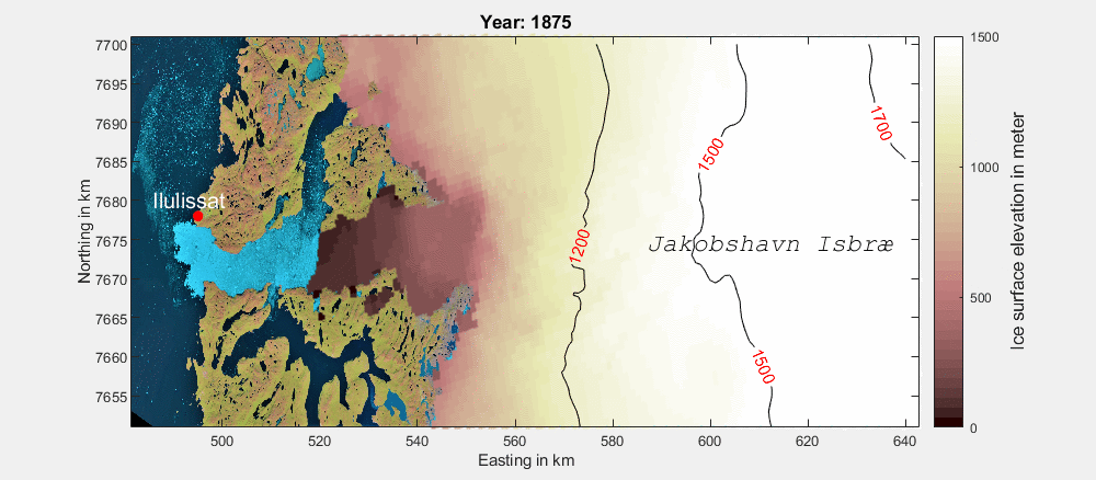 : Jakobshavn Isbræ i det vestlige Grønland har trukket sig tilbage gennem mere end 130 år, som illustreret i denne animation. Animation: DTU Space