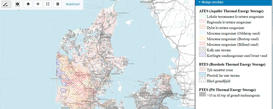 Kort over muligheder for varmelagring i den danske undergrund