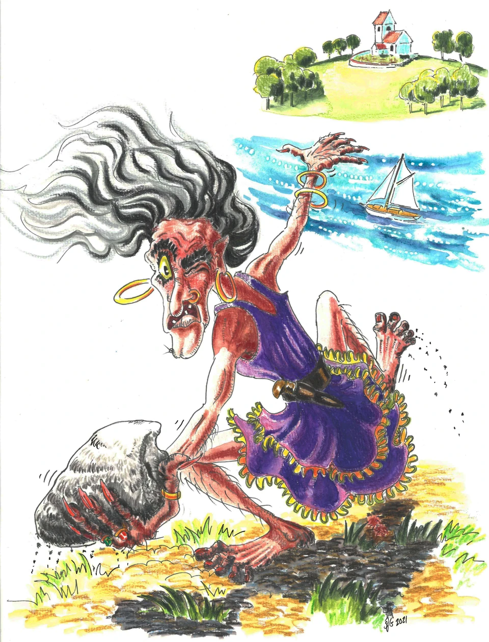 Den vrede dame kaster Dammestenen mod Svindinge Kirke. Illustration