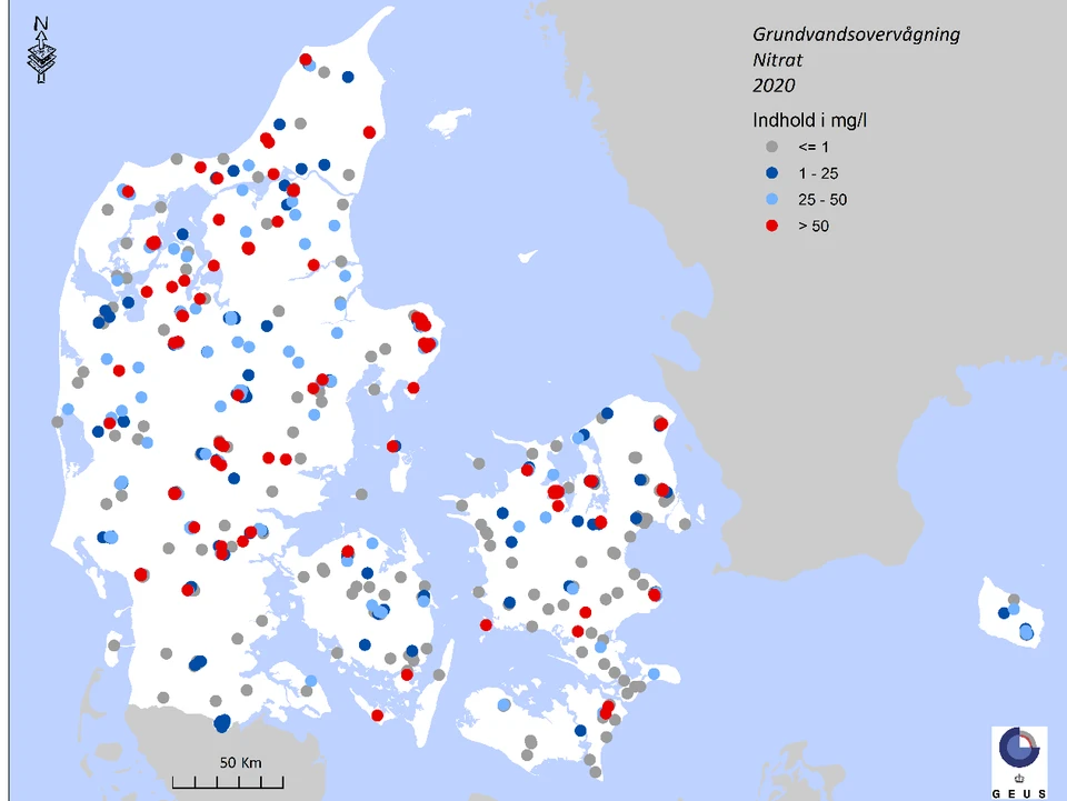 Danmarkskort med nitratindhold 