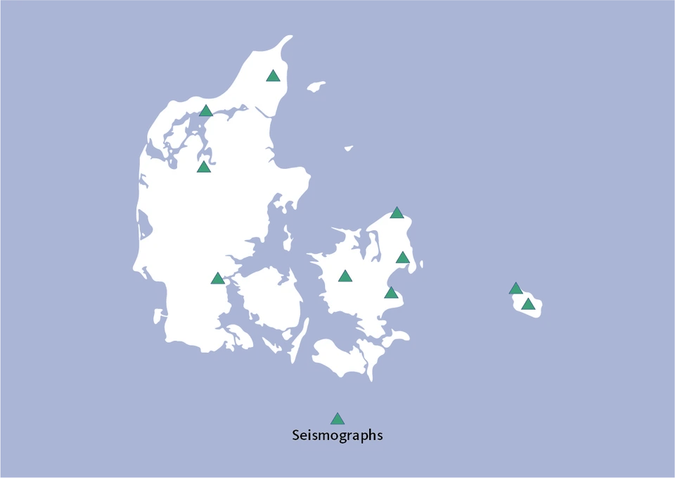 Map showing seismographs distributed across Denmark