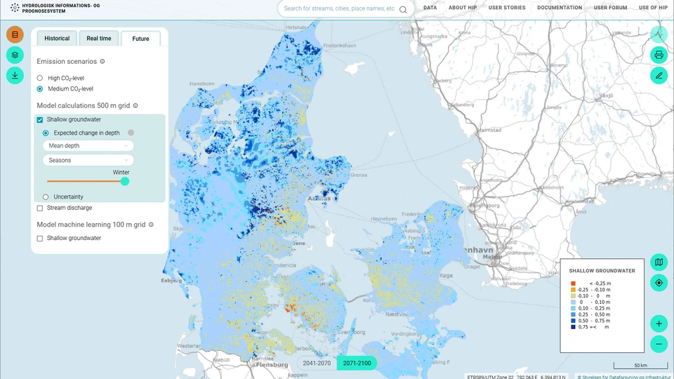 Den forventede ændring i dybden til det øverste grundvand 