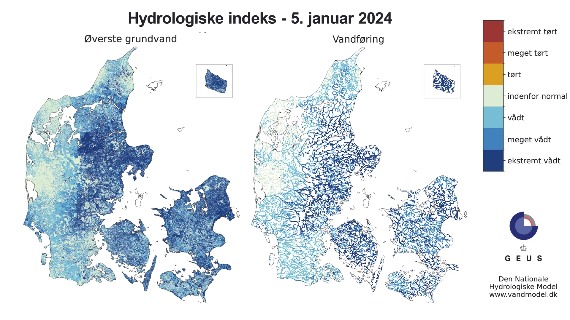 Kort over det hydrologiske indeks pr. 5. januar 2024