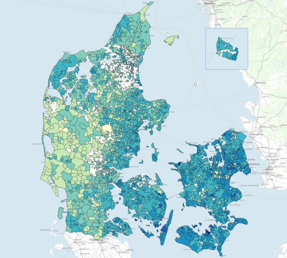 Kort over drikkevandets hårdhed i Danmark