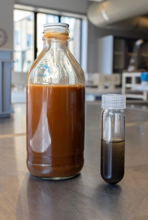A bottle with a brown mass is on a table. To the right is a small glass container with a gray liquid in it. In the background is a laboratory.