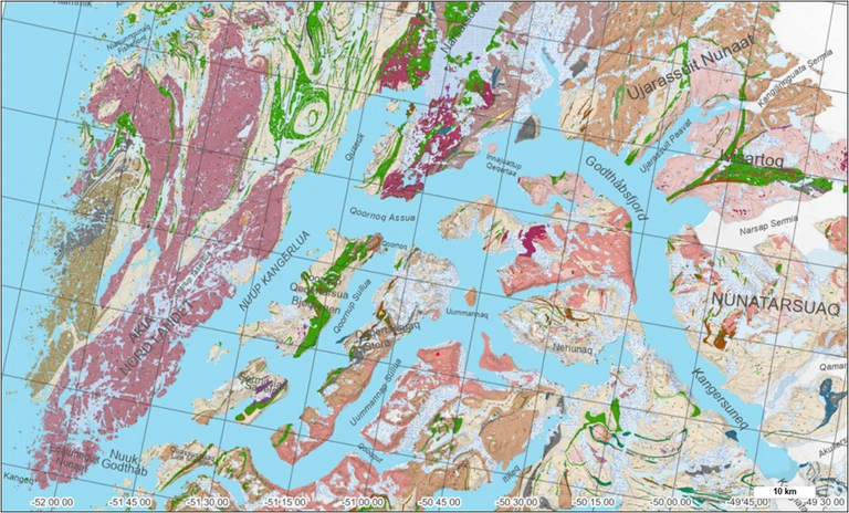 Et udsnit af det nyudgivne sømløse geologiske kort over det sydvestlige Grønland
