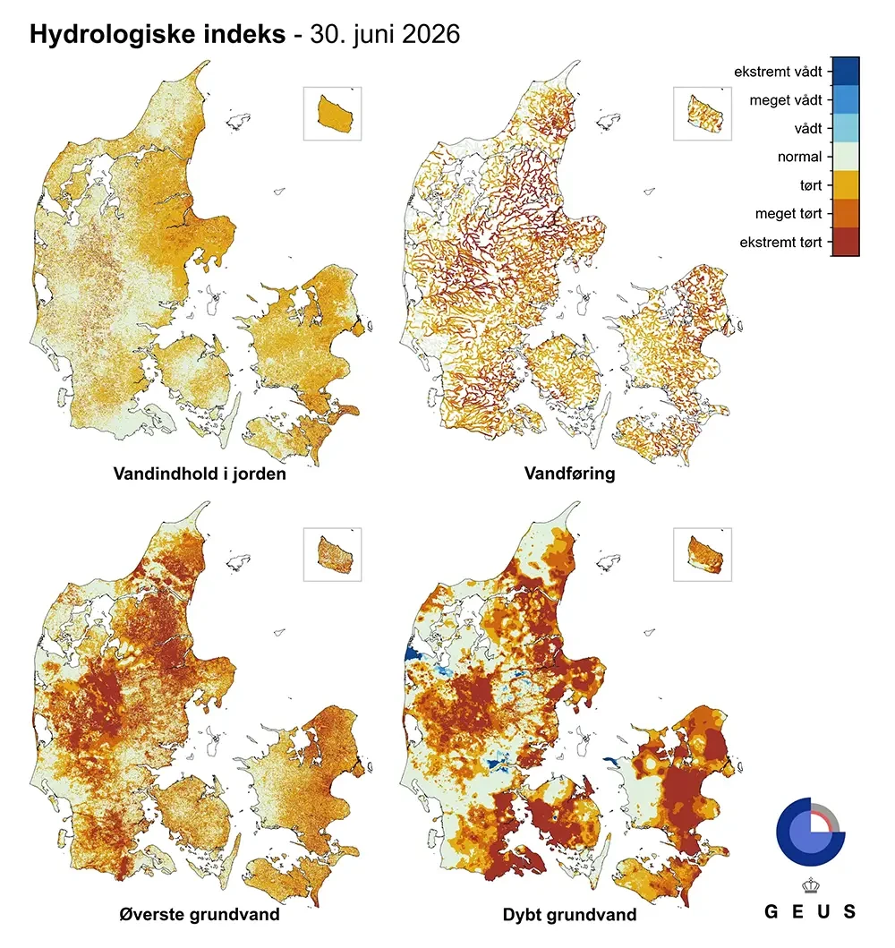 Figuren viser det Hydrologiske indeks for Danmark den 30. juni 2026