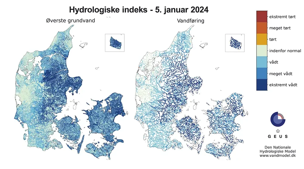 Kort over det hydrologiske indeks pr. 5. januar 2024