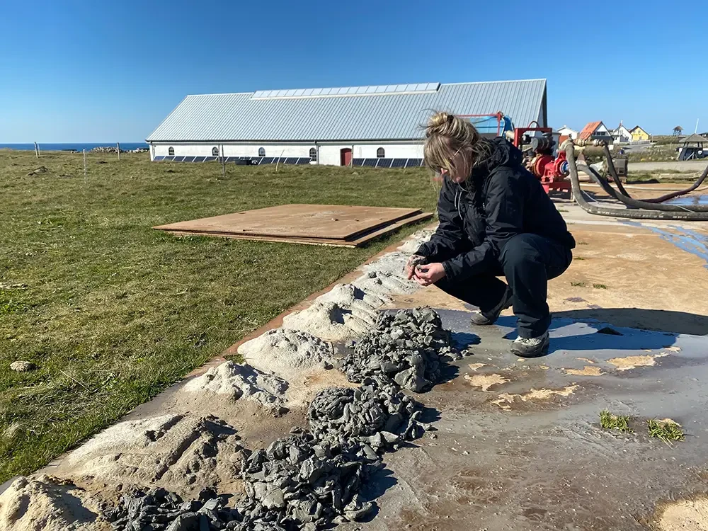 Rækker af klatter med mudder ligger på beton. Et menneske knæler ved en bunke mudder for enden. I baggrunden ses en stor bygning.