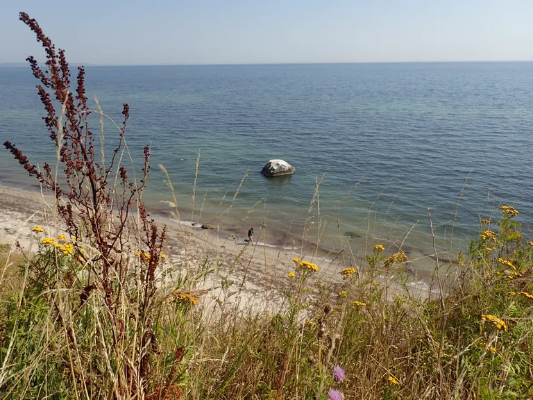 Udsigt over vandet, hvor man kan se Puggaard Stenen i horisonten