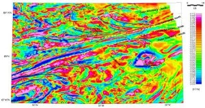 Vertical gradient of the total magnetic intensity field Aeromag from the coast to the Inland ice in central West Greenland.