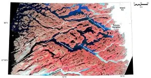 Landsat satellite image mosaic between Ataneq and the Inland Ice in central West Greenland.