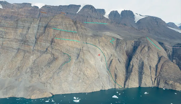 Oblique photo taken from helicopter along Kangilleq Fjord (West Greenland) showing folded and sheared Palaeoproterozoic quartzites.