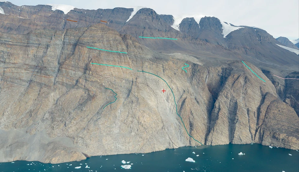 Oblique photo taken from helicopter along Kangilleq Fjord (West Greenland) showing folded and sheared Palaeoproterozoic quartzites.