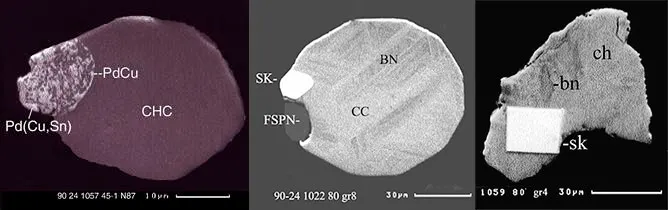 Primary droplet of CuS melt splitting in CuS and PGE-Au low S melt (left); crystallization of skaergaardite (PdCu) from CuS (center);  skaergaardite (PdCu) in sulfide droplet (right).