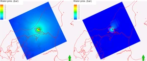Modelled pressure distribution for combined subsurface use of geothermal energy production and geological CO2 storage showing reduced pressure footprint (Nielsen et al. 2013)