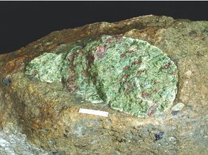 Eclogitisk kappe-xenolith i kimberlitgang fra Maniitsoq-området i det sydlige Vestgrønland. Foto: J.Lautrup, GEUS.