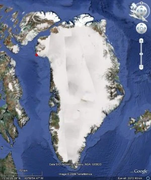 Epicenter af jordskælvet i Nordvestgrønland den 7. juli 2009.
