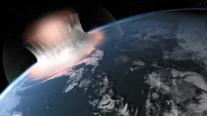 En tegners forestilling om, hvordan et stort meteoritnedslag i et marint område kunne have set ud i det første sekund af kraterdannelsen. Vi ved ikke, om selve nedslagsområdet ved Maniitsoq rent faktisk var dækket af vand, eller om der blot var et hav i nærheden. Kilde: Carsten Egestal Thuesen, GEUS.