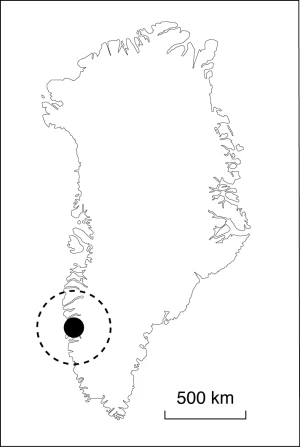 Sort cirkel på kortet viser området nær byen Maniitsoq i Grønland, hvor resterne af meteornedslaget er fundet.