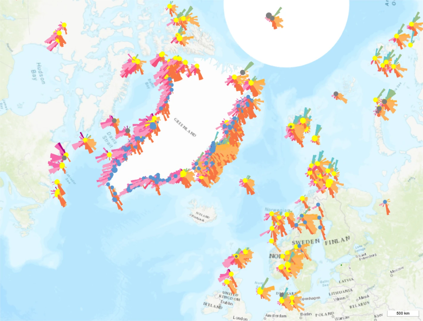 Kortet viser de forskellige zirconaldre fra databasen pr. juli 2019