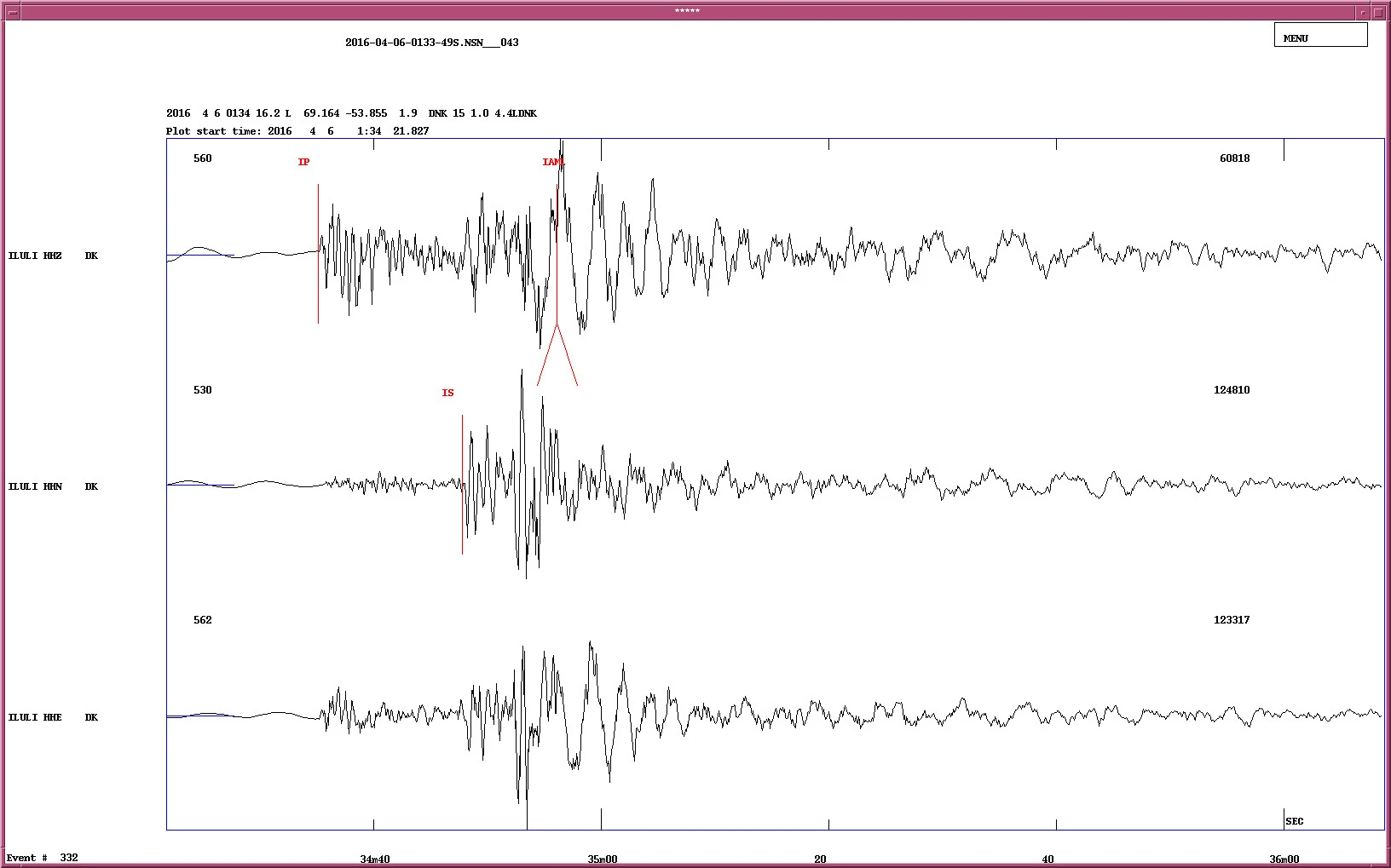 Seismogram fra målestationen i Ilulissat
