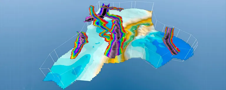 3D-model af begravede dale, der er opstillet som en kombineret lagmodel og voxel-model.