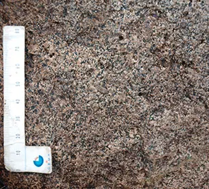 Stenen i Søbygård Skov består af rødgrå homogen mellemkornet granit med mineralkorn 1 til 2 mm store