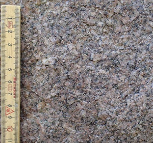 Volstrups kæmpesten består af mellemkornet bleg rød granit med felter af mere grovkornet granit