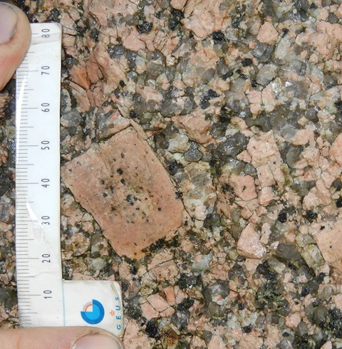 I Hamborggårdstenen findes der mange store krystaller af feldspat.