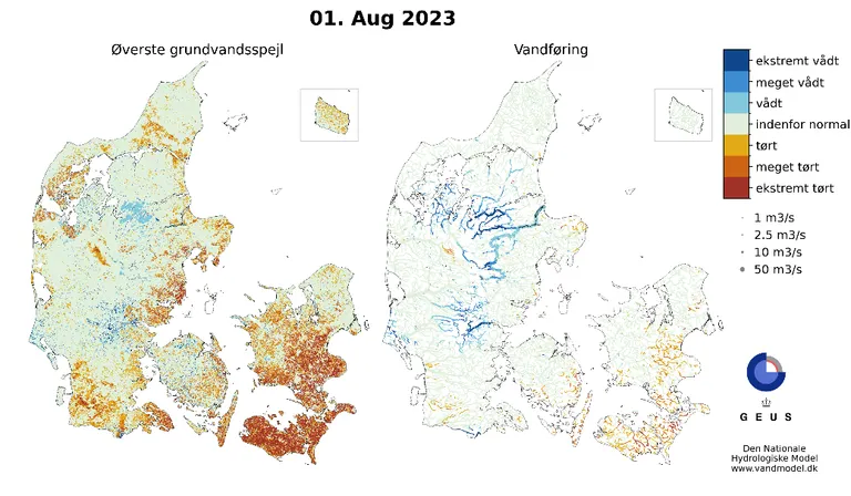 01 august øverste grundvandsspejl og vandføring