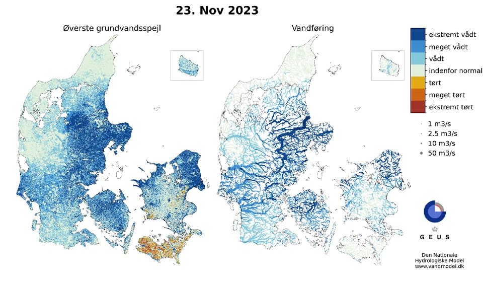 23 november øverste grundvandsstandsspejl og vandføring