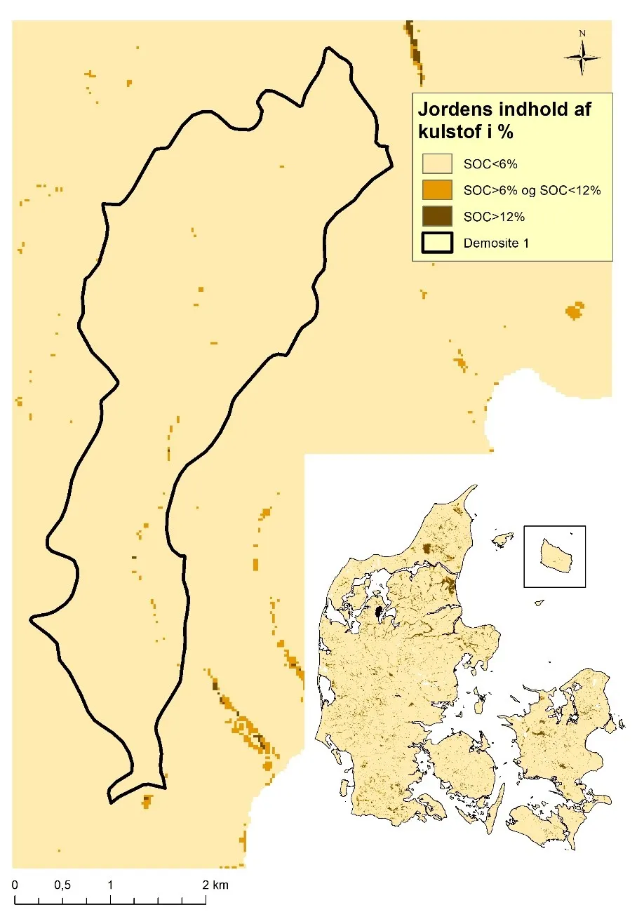 Danmarkskort der viser jordens indhold af kulstof i procent
