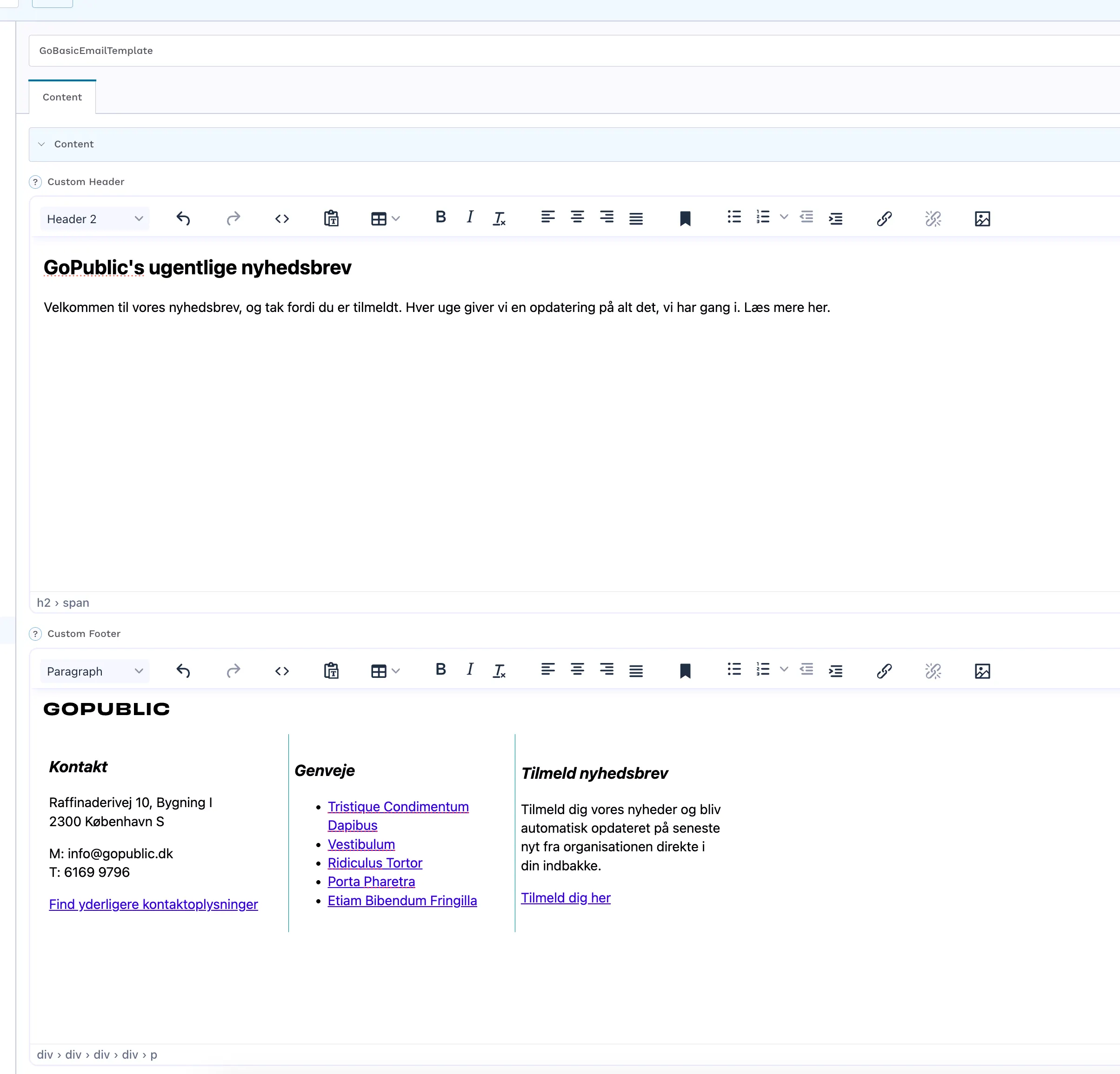 Et eksempel på hvordan header og footer kan se ud i mail-template. 