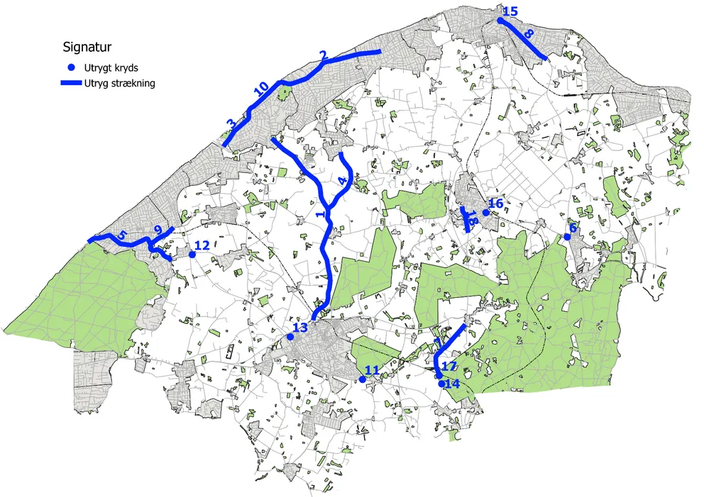 Figur 4 - De mest utrygge kryds og strækninger i Gribskov Kommune.