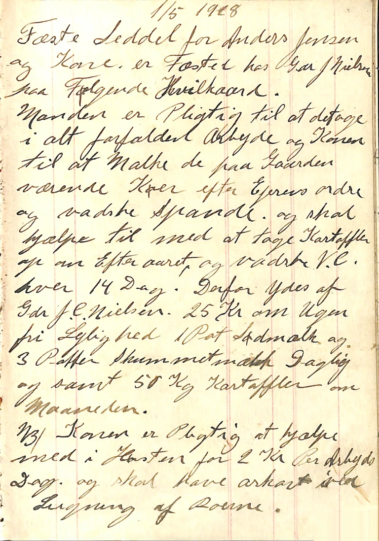 Fæstesedlen: En par håndskrevne sider i kontrabogen gjorde det ud for en fæsteseddel – en slags ansættelseskontrakt på Højbjerggaard.