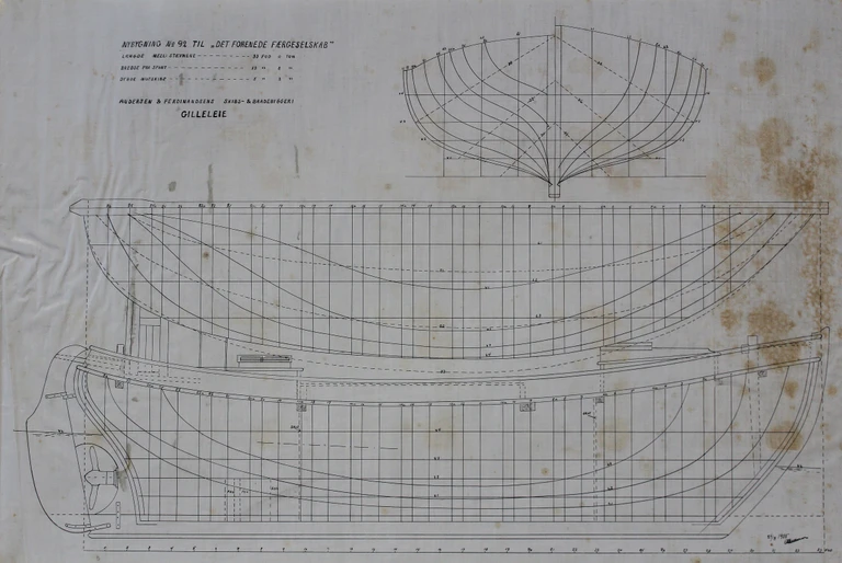 Den originale skibstegning af Pan fra 1935, der ligger gemt i Gribskov Arkiv.