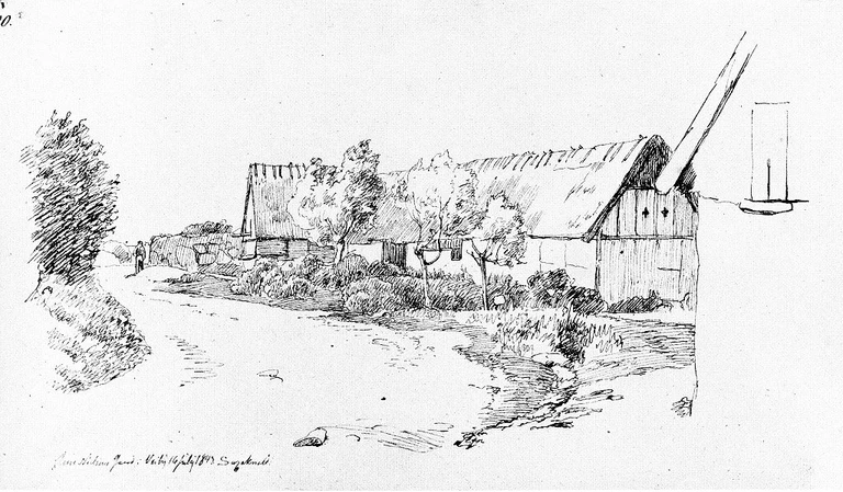 Gården Saxenkold, tegnet i 1843 af Johan Thomas Lundbye. Gården lå inde i selve Vejby ved siden af skolen. Lars Larsen ejede gården i perioden 1874-1892, og den har formentlig set ud på nogenlunde samme måde.