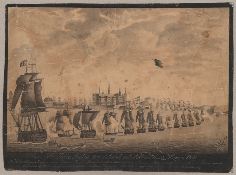 England sejler afsted med den danske flåde, Helsingør i baggrunden, 1801. Foto: Det kongelige Bibliotek