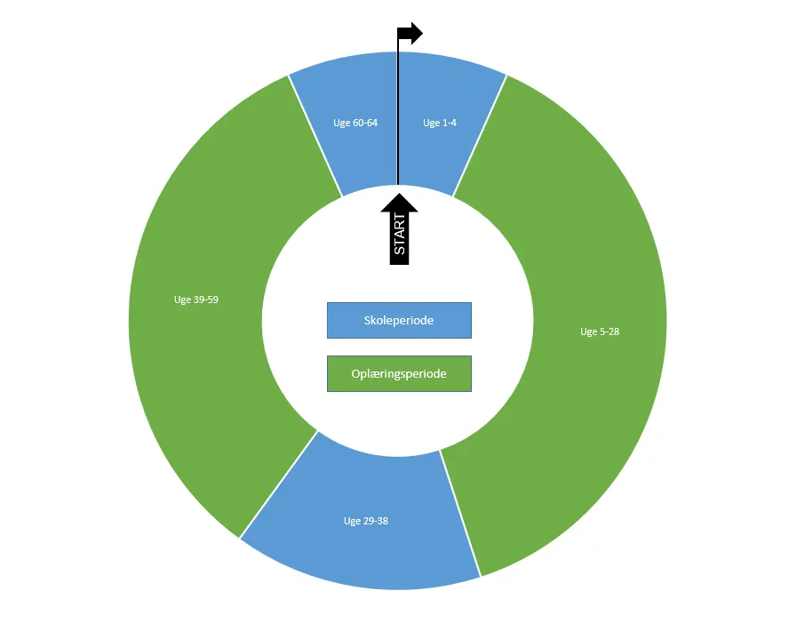Billedet viser et grafisk overblik over SSH-uddannelsens opbygning. Skoleperiode 1 er i uge 1-4. Oplæringsperiode 1 ligger i uge 5-28. Skoleperiode 2 ligger i uge 29-38. Oplæringsperiode 2 ligger i uge 39-59. Skoleperiode 3 ligger i uge 60-64.