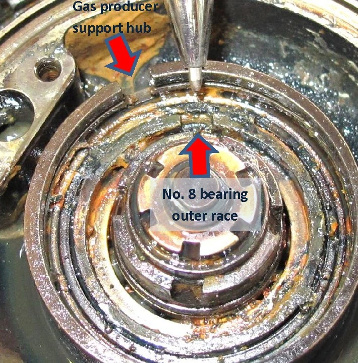 Bearing no. 8 outer race slot did not line up with the gas producer support hub slot