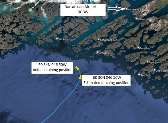 The figure shows the estimated and the actual ditching position, and the location of Narsarsuaq airport.