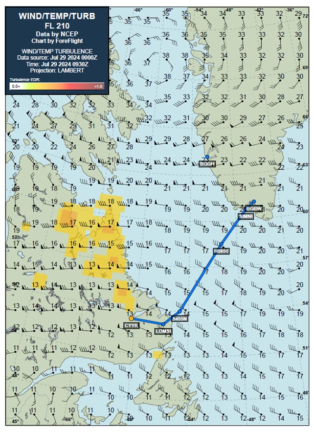 The figure shows the wind/temp/turb chart for FL 210.
