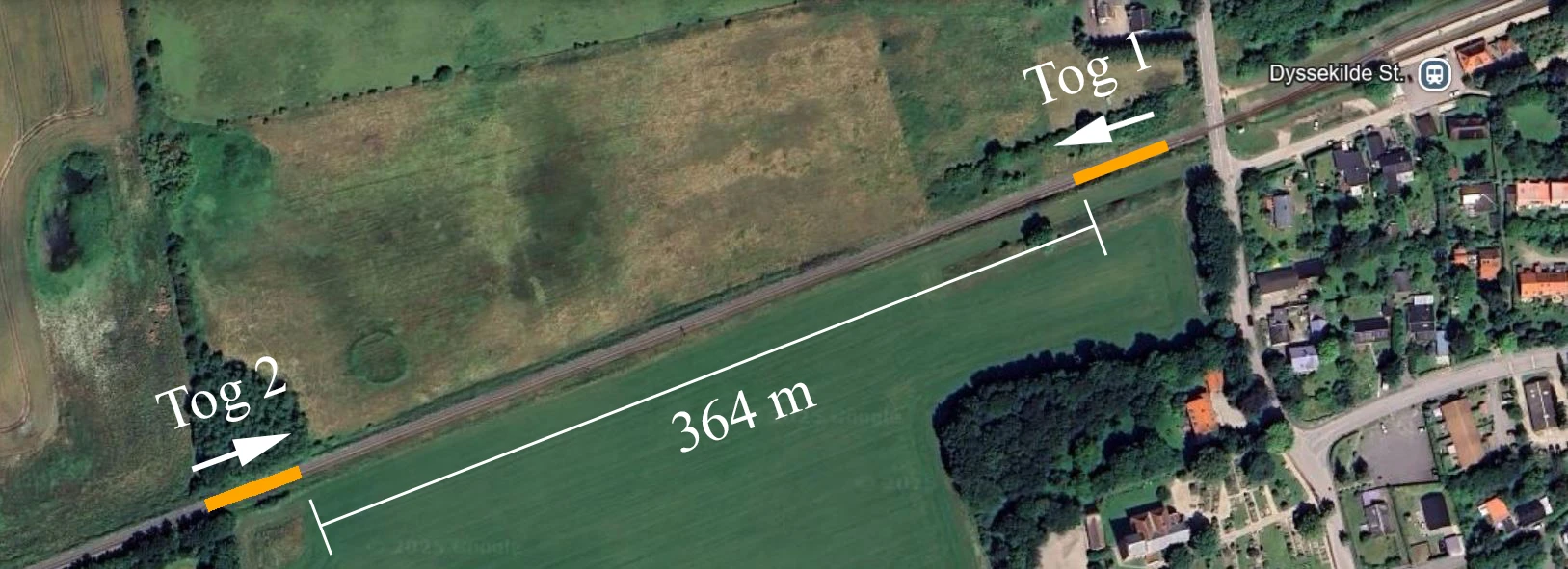 Figur 1: Indbyrdes placering af Tog 1 og Tog 2 efter standsning.