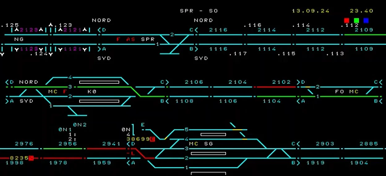 En kopi af skærmbilledet hos Stationsbestyreren i Fjernstyringscentralen i Roskilde d. 13-09-2024 kl. 23:40 viste bl.a., at: tog 38699 var på vej ud af Slagelse spor 2 af højre spor mod Forlev, tog 8235 kørte på venstre spor fra Slagelse mod Forlev og  arbejdsholdet med stoppemaskinen og ballastploven befandt sig i afsnit 2102 i højre spor mellem Forlev og Korsør. Landmålerne befandt sig på dette tidspunkt i afsnit 2956 i højre spor Slagelse-Forlev. 